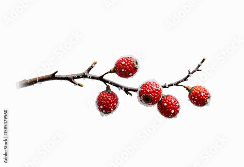 Red berries covered in frost on a twig against white background  