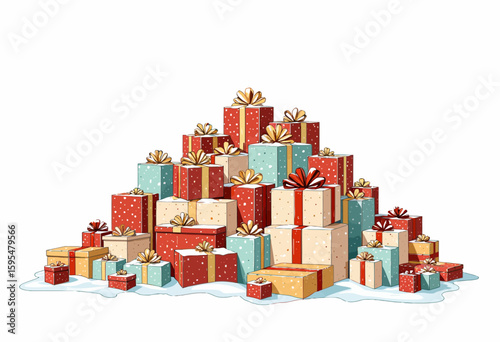 Colorful Christmas presents stacked together on snowy surface  