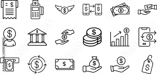Simple Set of Money Related Vector Line Icons. Icons as Wallet, Bundle of Money, Hand with a Coin and more. Money Icon collocation.