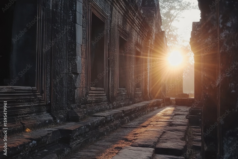 Fototapeta premium Sunrise casts golden light on the ancient ruins of Angkor as shadows dance along stone pathways, Time Lapse of the sun rising from behind the Angkor Wat temple in Cambodia