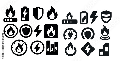 Collection of icons for various devices and functions. The icons include a battery, a fire, a shield, a speedometer, and a power button. Scene is one of technology and innovation