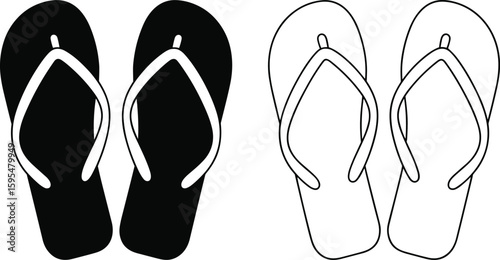 Flip flops silhouette collection, summer beach footwear, casual sandal vector art, black outline design, vacation graphic icon, minimalist illustration