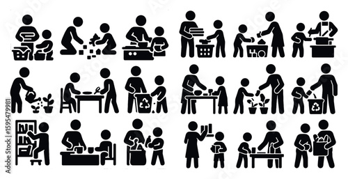 Series of black and white icons depicting various family activities. The icons include people cooking, playing, and cleaning. Scene is warm and family-oriented