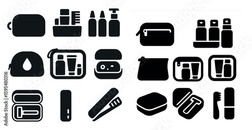 Collection of various toiletries and cosmetics. The collection includes a toothbrush, toothpaste, and a bottle of mouthwash