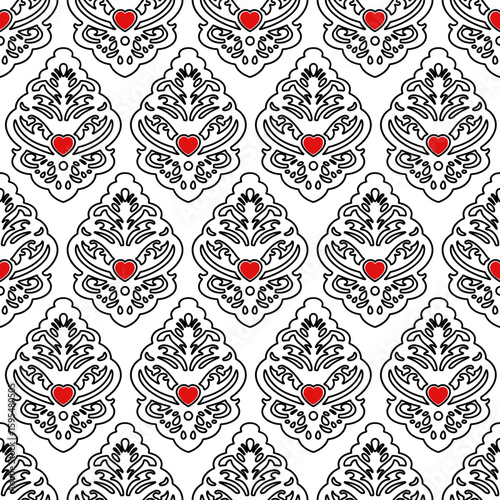 Seamless damask leaf pattern with elegant doodle scroll motif and red heart detail. Baroque bg. Vector illustration for greeting card, fabric