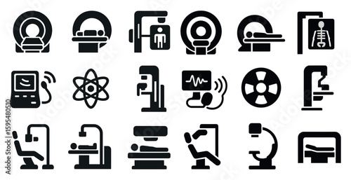 Collection of medical icons including a CT scan, MRI, and X-ray. The icons are all black and white