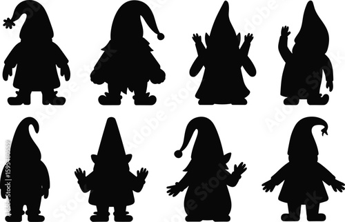 Gnome silhouette vector collection, whimsical character design pack, holiday decoration black fantasy icon set, cute elf artwork bundle