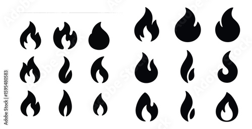 Series of black and white fire icons, including flames and fire shapes. The icons are arranged in a grid, with some overlapping each other. Scene is one of warmth and energy