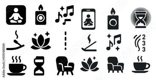 Collection of icons for various activities and objects, including a cup, a chair, a clock, a candle, a book, a laptop, a phone, a person, a pillow, a remote, a bed, a bedside table, a