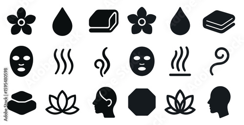 Collection of black and white icons that represent various things related to relaxation and self-care. The icons include a face, a flower, a steam, a mask, and a lot of other symbols