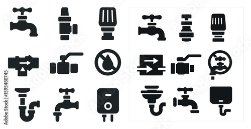 Collection of black and white icons of plumbing fixtures. The icons include a faucet, a valve, a pipe, and a sink