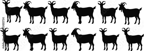 Goat silhouettes vector collection, farm animal pose set, wildlife illustration, black graphic design, livestock clipart, nature themed artwork