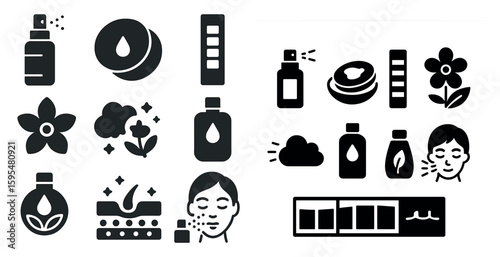 Collection of icons for beauty products and services. The icons include a bottle of perfume, a bottle of lotion, a bottle of shampoo, a bottle of conditioner, a bottle of facial cleanser