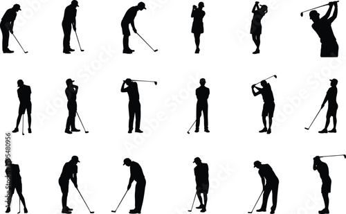Golf player silhouettes in swinging and putting poses, professional golf stances, black vector illustration for sports, activity, lifestyle content