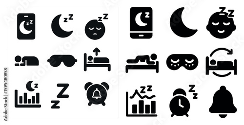 Set of sleep-related icons, including a clock, a bell, and a bed. The icons are arranged in two rows, with the top row featuring a variety of sleep-related items, such as a pillow, a blanket