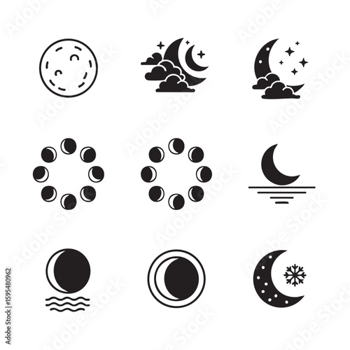 Celestial bodies and phases of the moon depicted in graphic icons crescent moon full moon