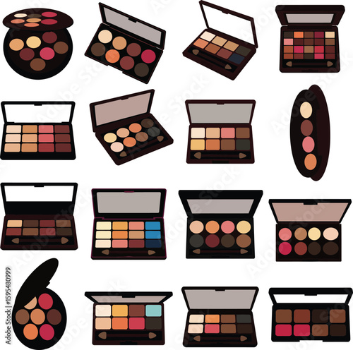 Comprehensive Makeup Palette & Cosmetic Icon Set with Eyeshadows, Lipsticks for Beauty, Fashion & Cosmetics Industry – Vector Graphic.