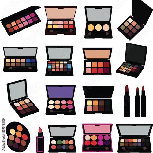 Comprehensive Makeup Palette & Cosmetic Icon Set with Eyeshadows, Lipsticks for Beauty, Fashion & Cosmetics Industry – Vector Graphic.
