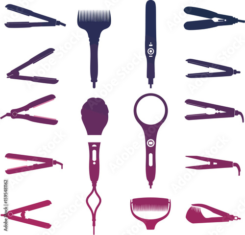 Diverse Hair Styling Tool Icon Set: Straighteners, Trimmers, & Clippers for Salon, Beauty, Barber, & Personal Care – Vector Graphics.
