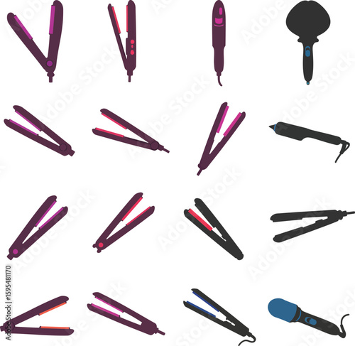 Diverse Hair Styling Tool Icon Set: Straighteners, Trimmers, & Clippers for Salon, Beauty, Barber, & Personal Care – Vector Graphics.