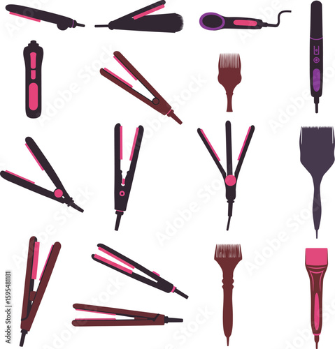 Diverse Hair Styling Tool Icon Set: Straighteners, Trimmers, & Clippers for Salon, Beauty, Barber, & Personal Care – Vector Graphics.