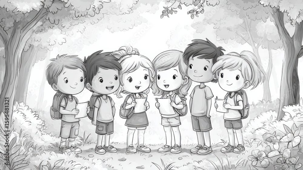 Fototapeta premium Happy group of children coloring at the park , no logos, no brands