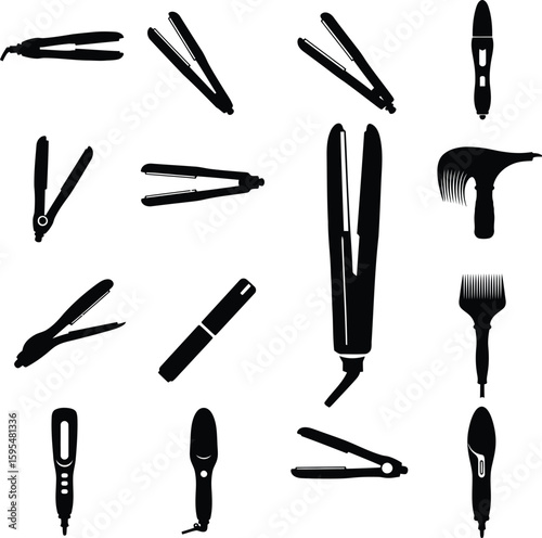 Diverse Hair Styling Tool Icon Set: Straighteners, Trimmers, & Clippers for Salon, Beauty, Barber, & Personal Care – Vector Graphics.