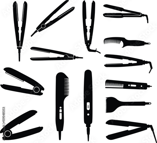 Diverse Hair Styling Tool Icon Set: Straighteners, Trimmers, & Clippers for Salon, Beauty, Barber, & Personal Care – Vector Graphics.