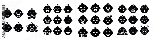 Row of black and white baby faces with different expressions. The faces are arranged in a line, with some of them smiling and others frowning. Scene is one of playfulness and innocence