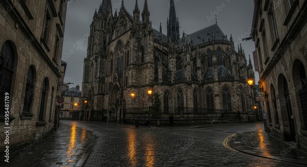 Fototapeta premium A rainy evening scene featuring a Gothic cathedral in a European city