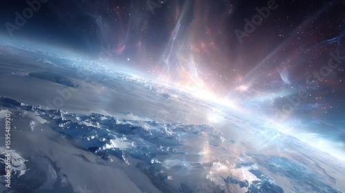 Earth glows in space, view from orbit.  Shows mountains, atmosphere, stars. Great for science, design, marketing, web use.