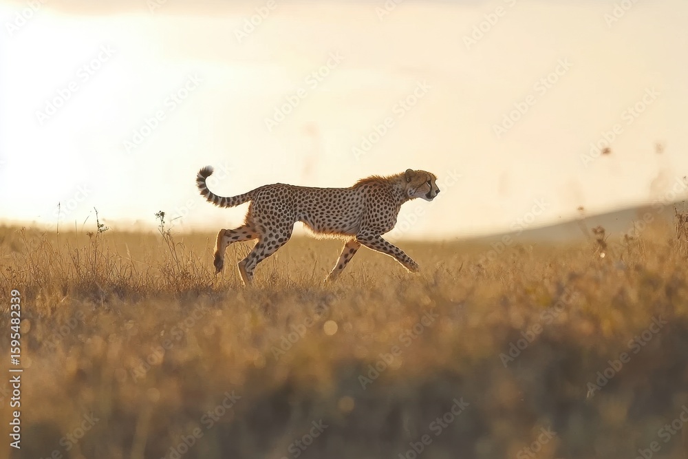 Obraz premium Mother cheetah runs gracefully in slow motion across the golden savanna grasslands during sunset, A mother cheetah runs in slow motion in the savannah