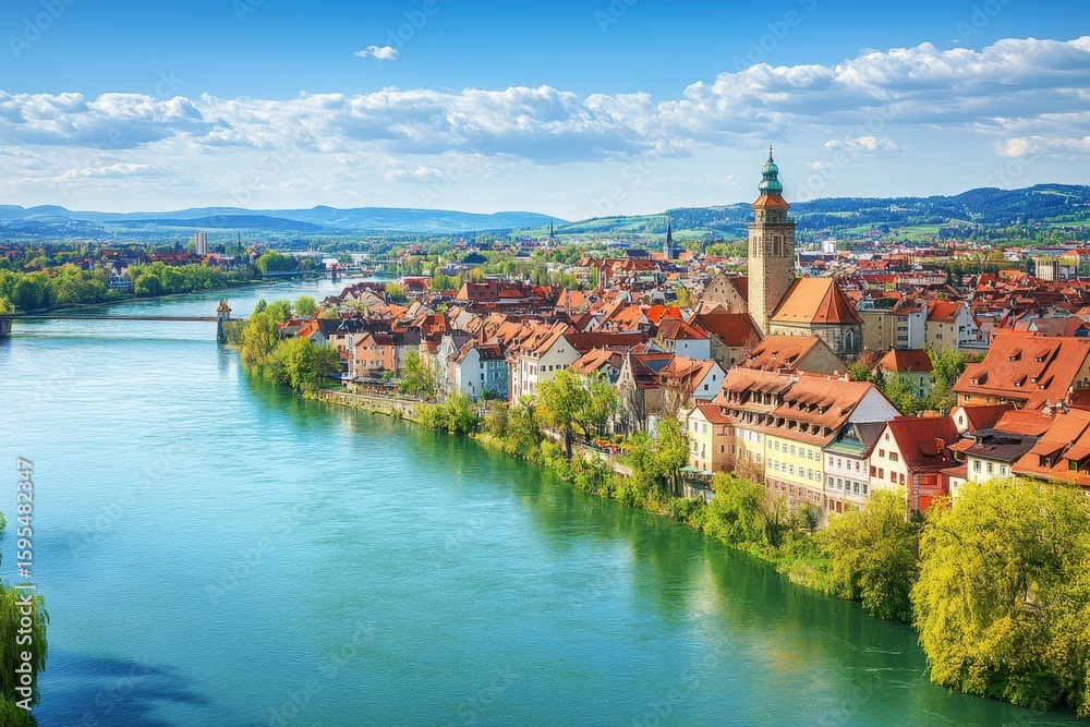 Fototapeta premium View of Cham, Bavaria with historic buildings along the river and lush greenery under a bright blue sky, Aerial view of the city Cham in Germany, Bavaria on a sunny day in Spring