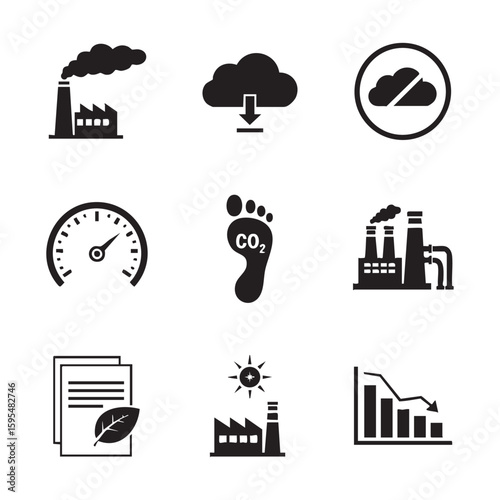 Industrial factory emission cloud download meter carbon footprint paper leaf sun factory graph