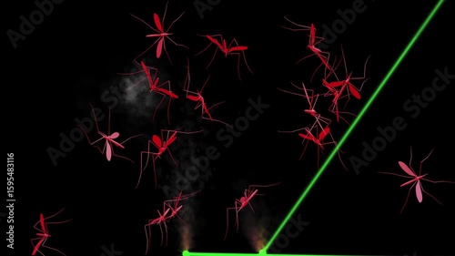 Photonic Fence. Laser beams killing mosquitoes.
Laser beams forming protective barrier against insects by zapping them with micro-bursts of high energy light. Insect killing lasers. 3d animation.