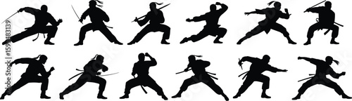 Ninja silhouette vector collection, martial arts combat illustration pack, sword action pose design, black warrior icon set, stealth character artwork