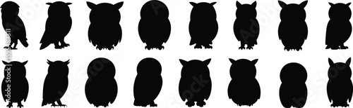 Owl silhouette vector collection, black bird illustration set, nocturnal animal graphic, nature themed design, wildlife icon pack, perched poses