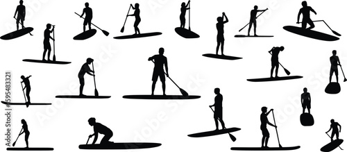 Paddleboarding silhouette collection with various poses, water sport vector illustration, active outdoor lifestyle, fitness balance challenge design for stock use