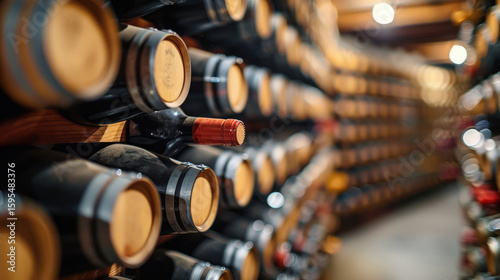 Rows of dust-covered, maturing wine bottles stacked on wooden racks in a dimly lit, traditional cellar.