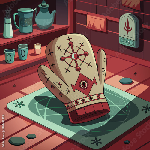 Cozy cartoon illustration of a decorative oven mitt in a warmly lit kitchen setting