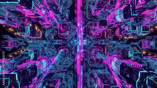 Cyberpunk digital landscape glowing with neon blue and magenta lights, featuring holograms
