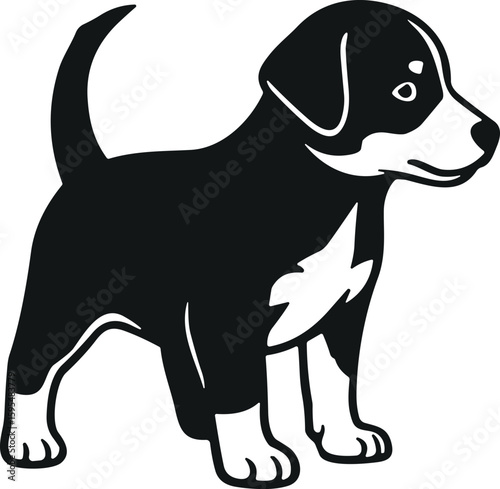 Playful black puppy silhouette, white chest marking, standing dog vector illustration, adorable pet graphic design, animal artwork, Adobe Stock image