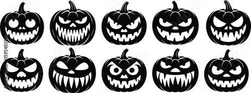 Pumpkin face silhouette vector collection, spooky Halloween design set, black jack-o’-lantern icon pack, scary decoration artwork, creepy festive illustration bundle