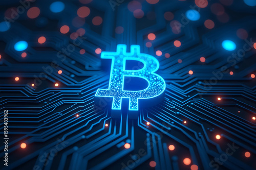 bright blue bitcoin symbol glows amidst swirling circuitry pixels within dark landscape microcircuit wires motherboard