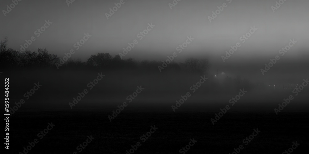 Obraz premium The monochrome landscape shows a foggy scene with trees and lights in the distance.