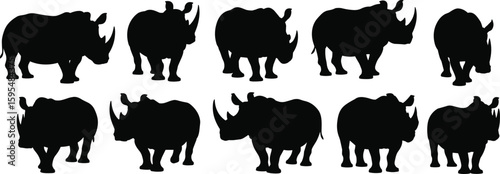 Rhinoceros silhouette collection, wild animal vector design, endangered species illustration, African wildlife artwork, nature icon set, black outline graphic