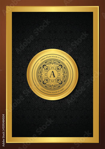 Gold Framed Letter A Emblem on Dark Damask Background