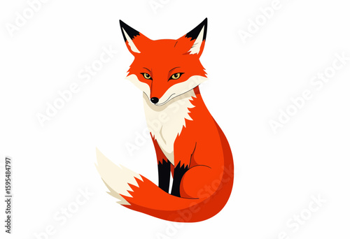 Orange fox sitting gracefully with a bushy tail on white background  