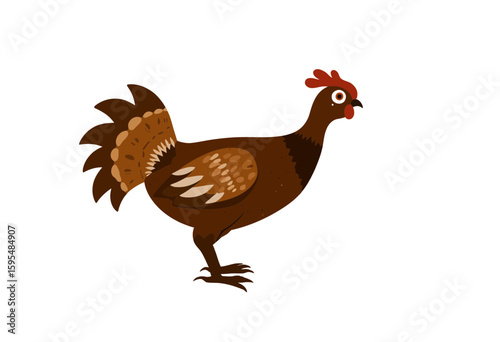 Cartoon chicken standing in profile on white background  