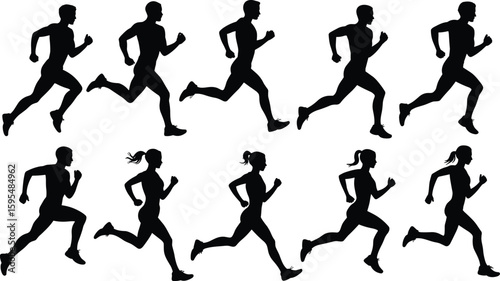 Running silhouettes male female, jogger vector artwork, athletic motion design, fitness training illustration, black graphic exercise image, sports scene